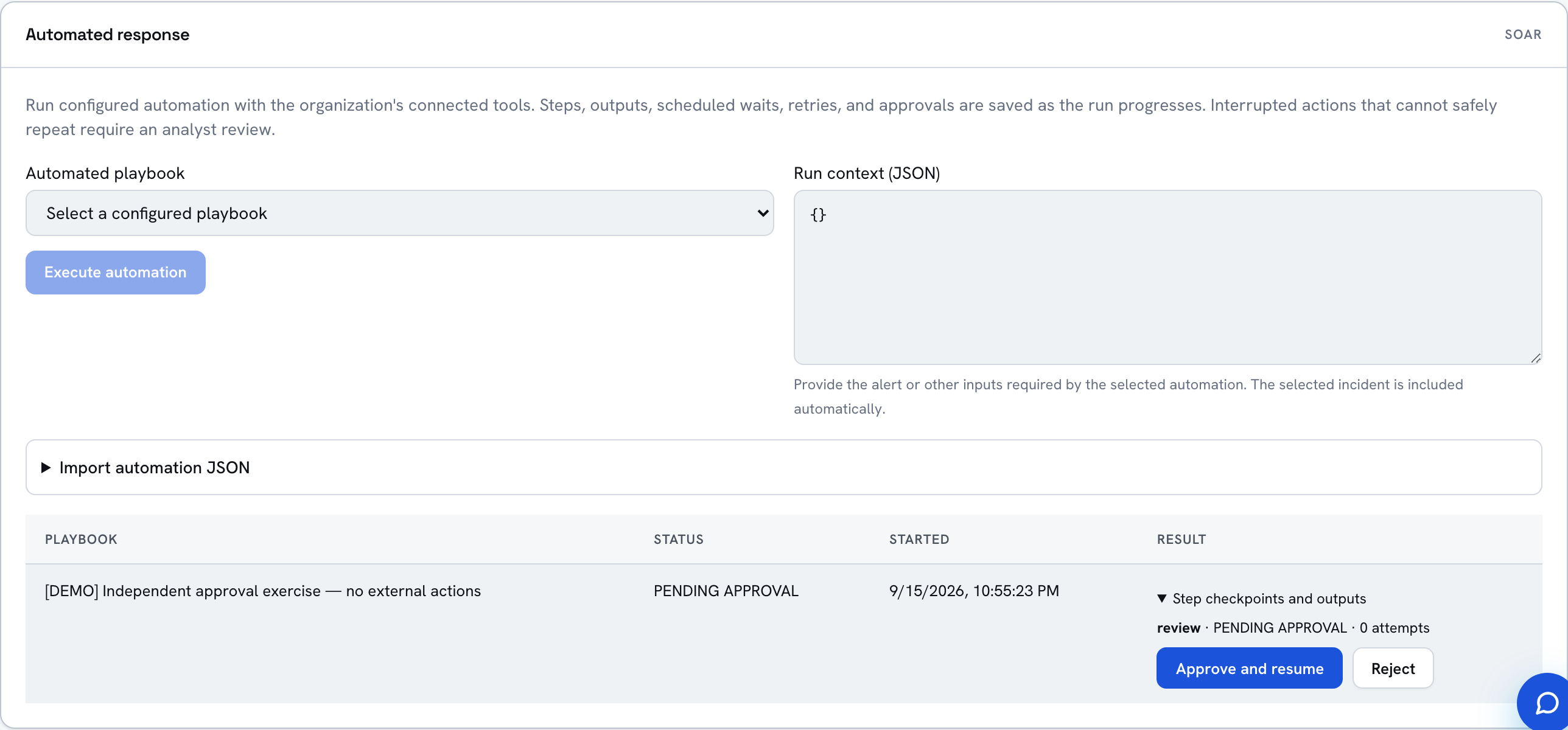 VOR SOC automated-response workspace showing a synthetic playbook run paused at a saved approval checkpoint, with approve-and-resume and reject controls.